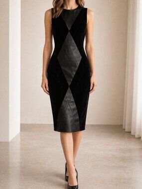 Akris Punto Black Velvet Leather Panel Sheath Dress Architectural 10